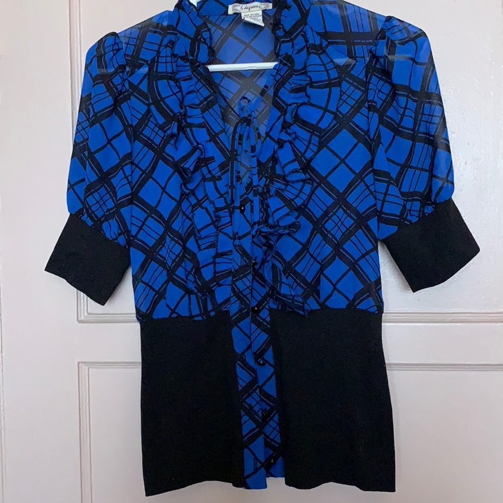 Y2K SIX DEGREES SZ SMALL SHEER BLUE BLACK GINGHAM TARTAN CHECKERED BLOUSE RUFFLE